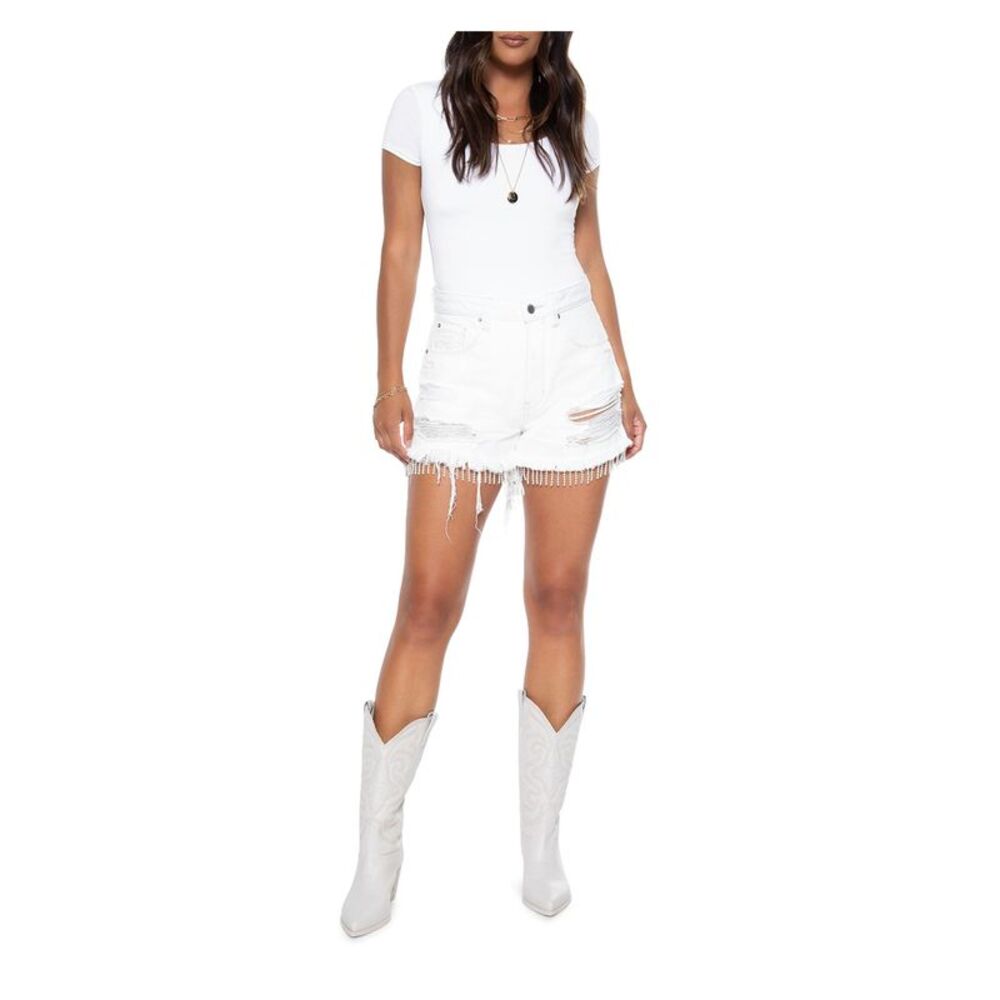 BLUE REVIVAL Womens White Zippered Raw Hem Fringe Front High Waist Shorts 32